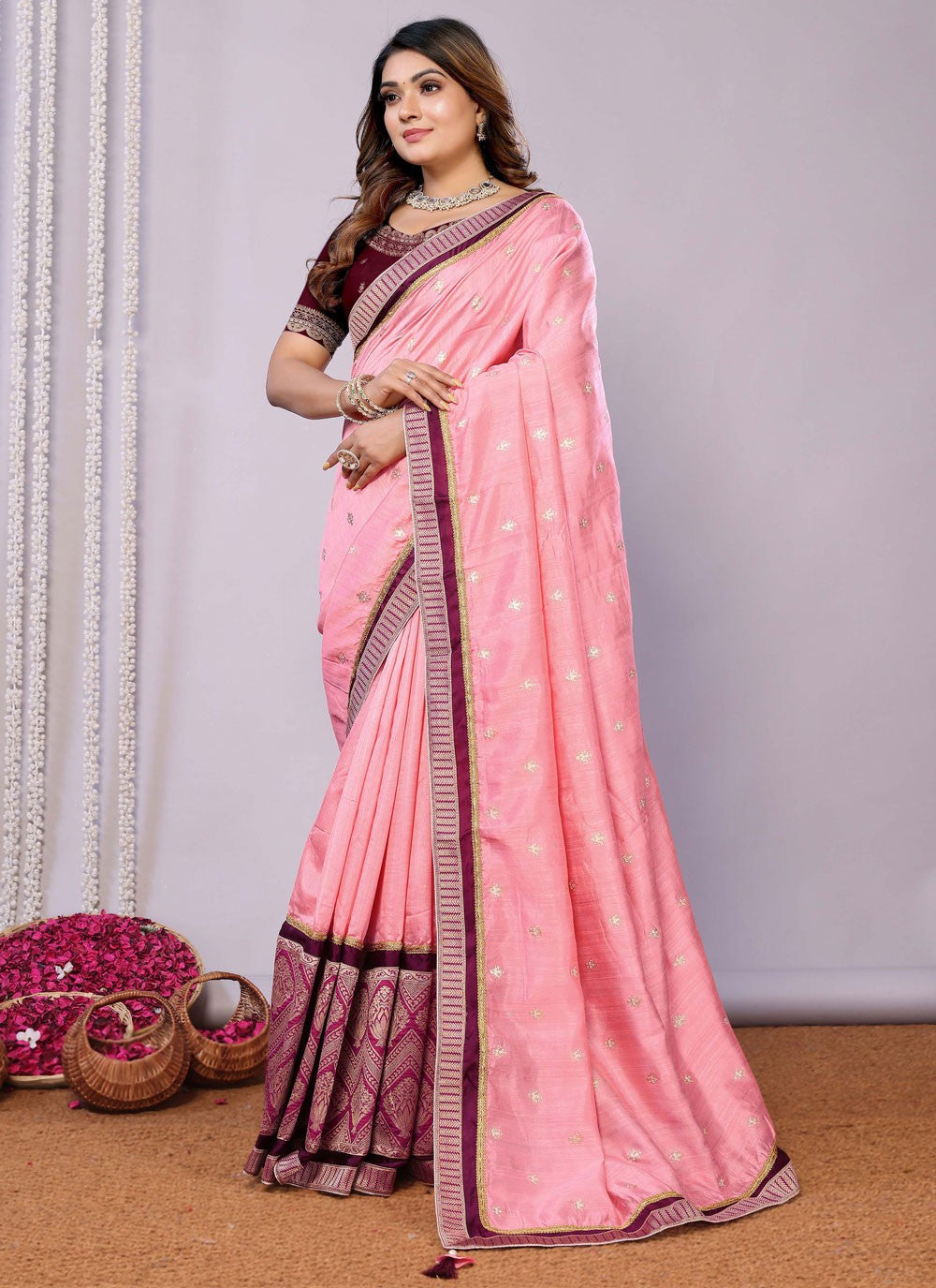 Classic Embroidered Tussar Silk Pink Saree - S10707