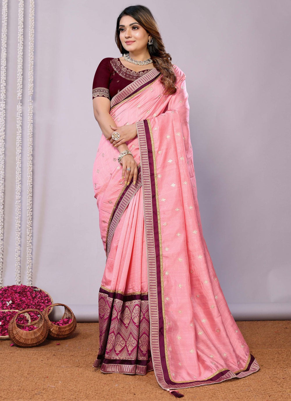 Classic Embroidered Tussar Silk Pink Saree - S10707