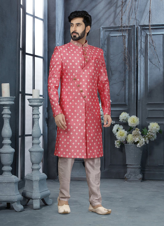 Digital Print Jacquard Pink Indo Western Sherwani - M2880