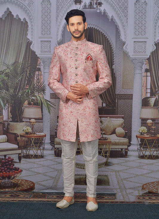 Embroidered Banarasi Silk Pink Sherwani - M3294