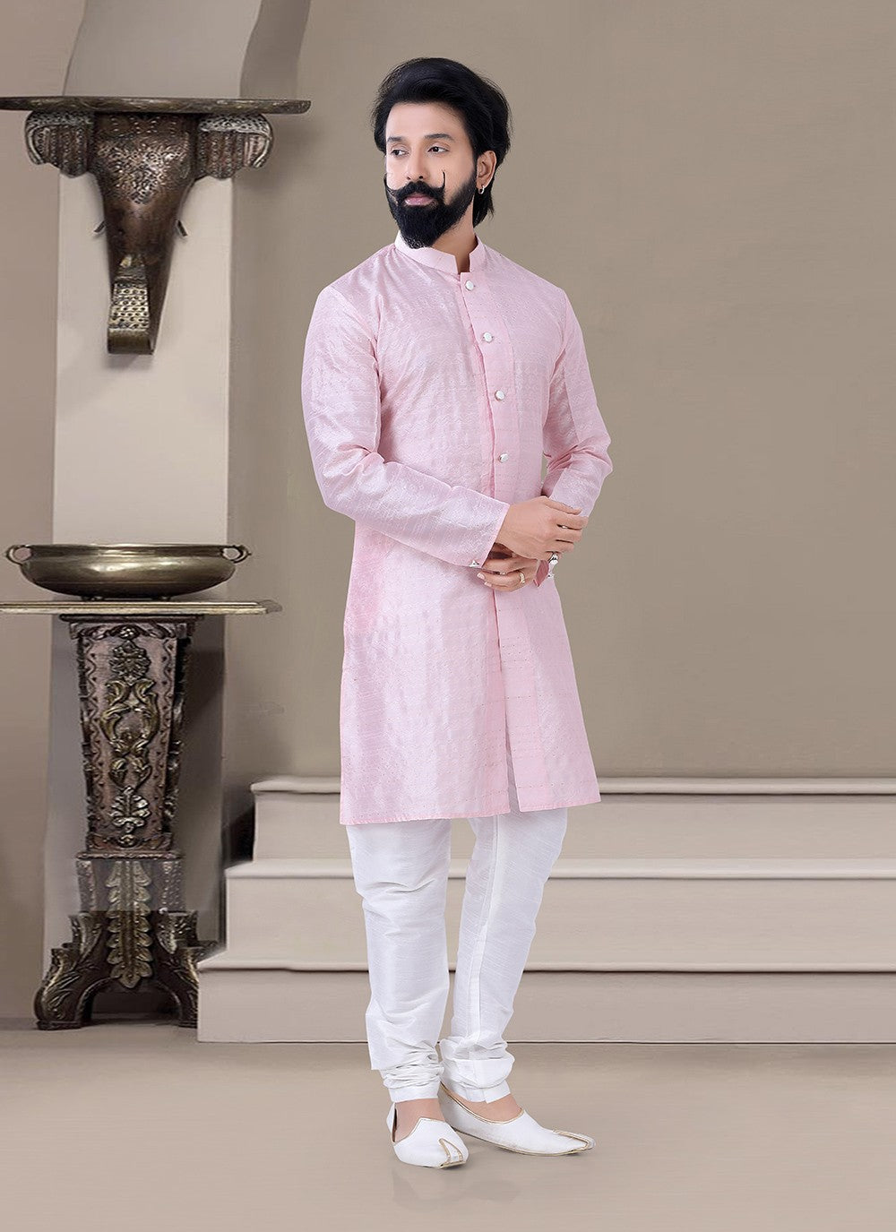 Plain Jacquard Pink Indo Western - M3464