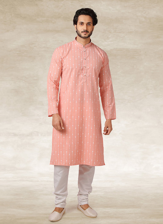 Printed Handloom Cotton Pink Kurta Pyjama - M2682