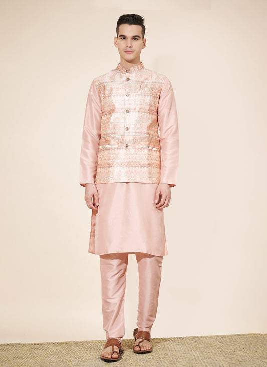 Jacquard Work Pure Silk Pink Kurta Payjama With Jacket - M8028