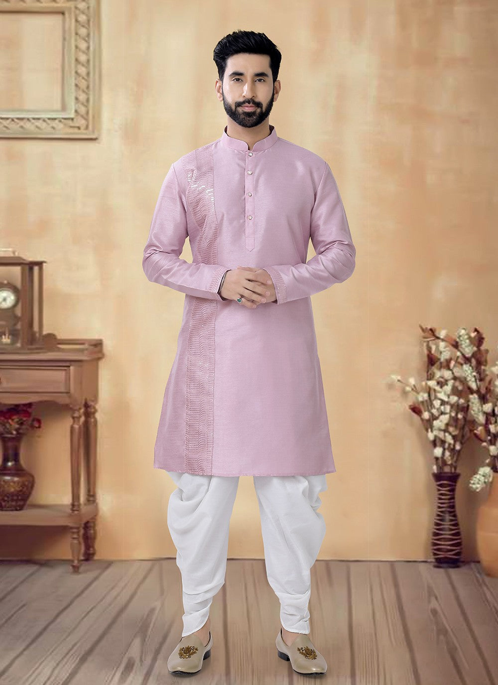 Buttons Silk Pink Dhoti Kurta - M8483