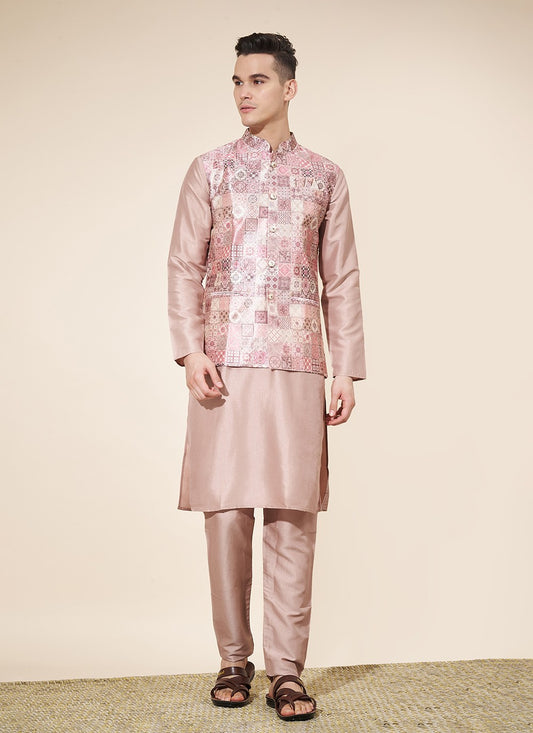 Jacquard Work Pure Silk Pink Kurta Payjama With Jacket - M8030