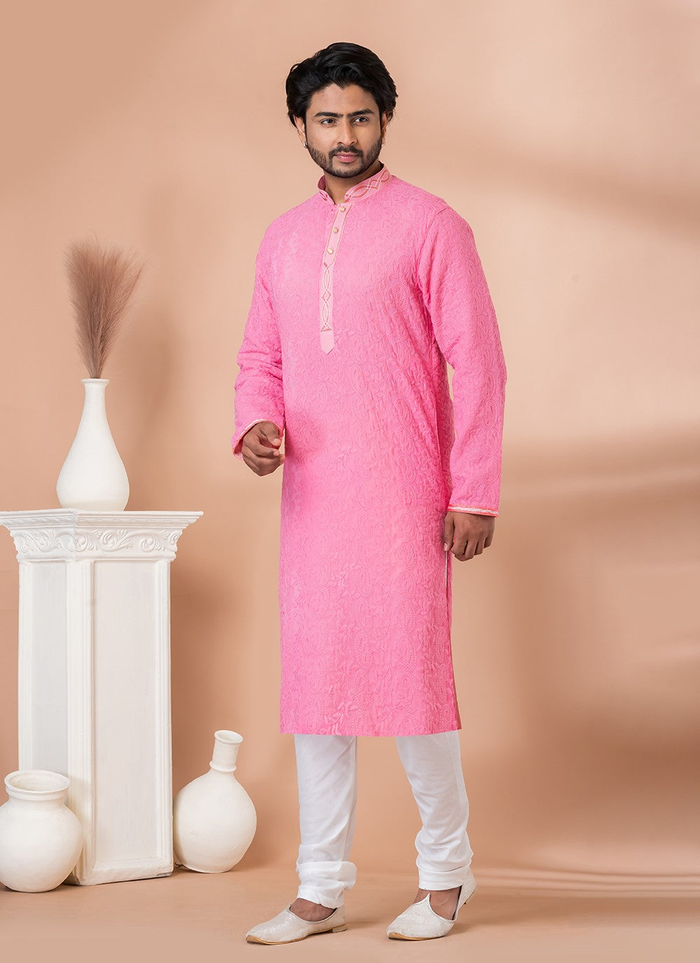 Embroidered Viscose Pink Kurta Pyjama - M7013