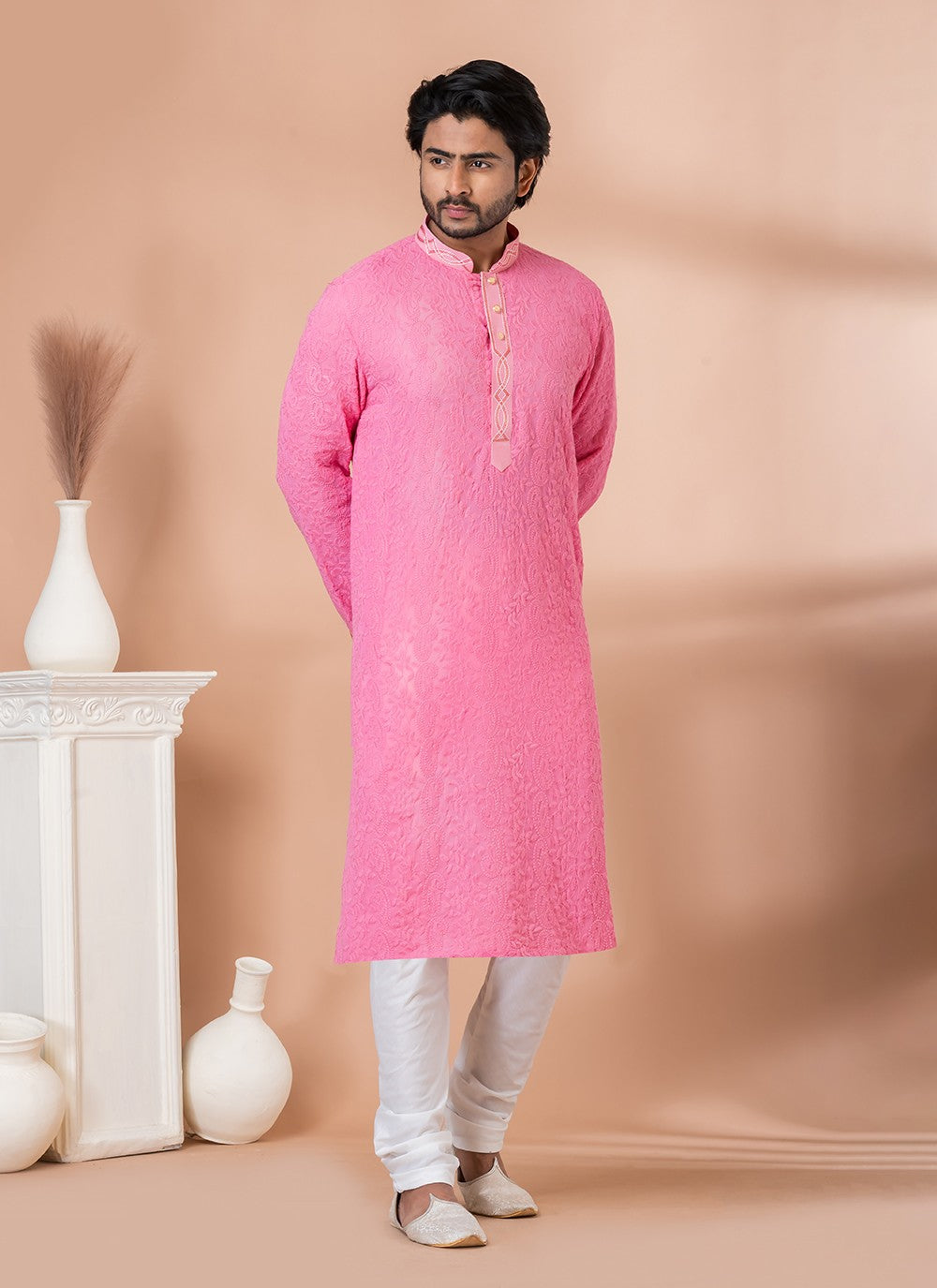 Embroidered Viscose Pink Kurta Pyjama - M7013