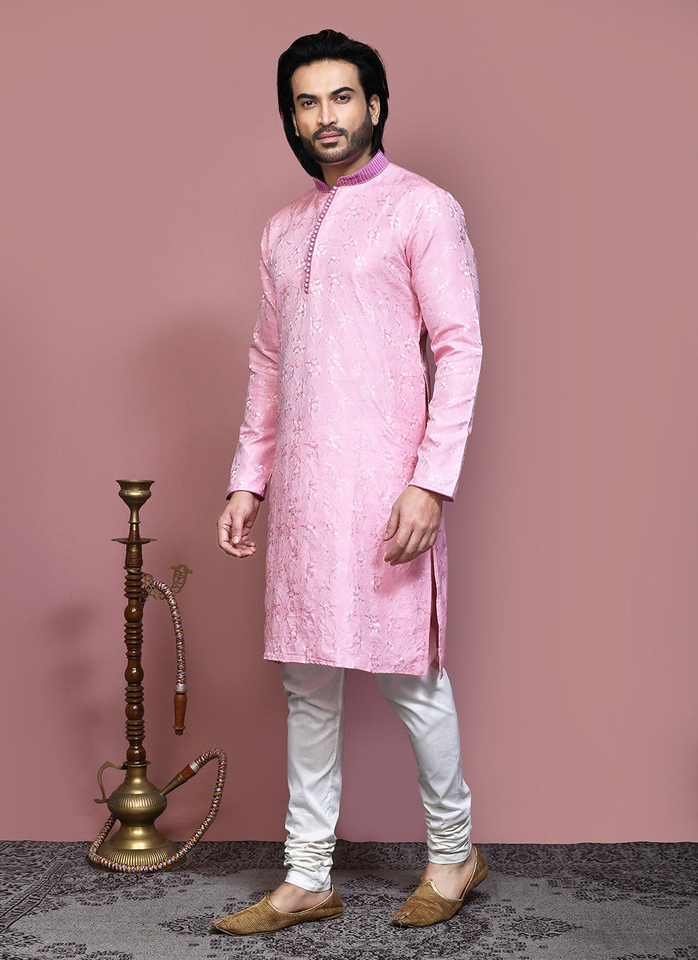 Resham Art Silk Pink Kurta Pyjama - M7874