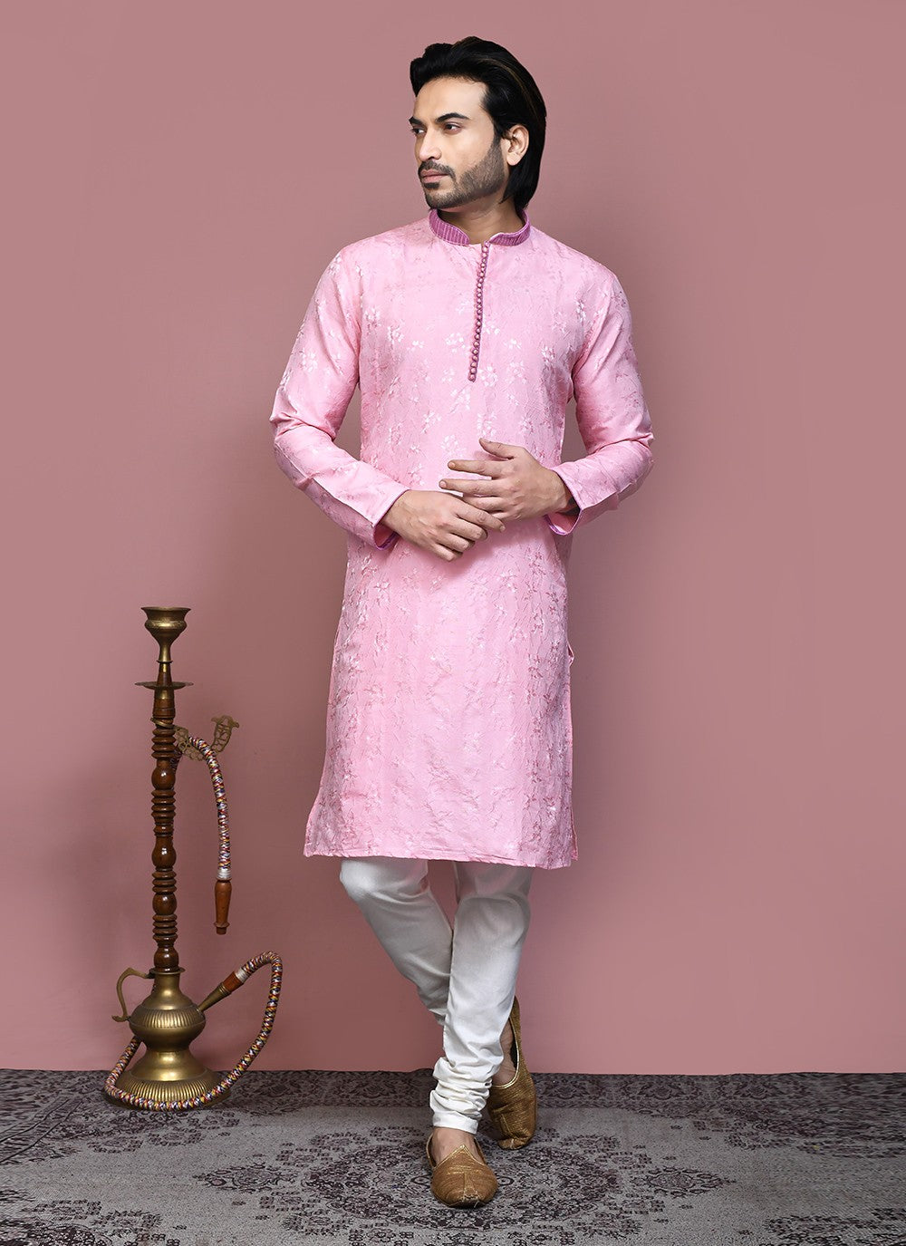 Resham Art Silk Pink Kurta Pyjama - M7874