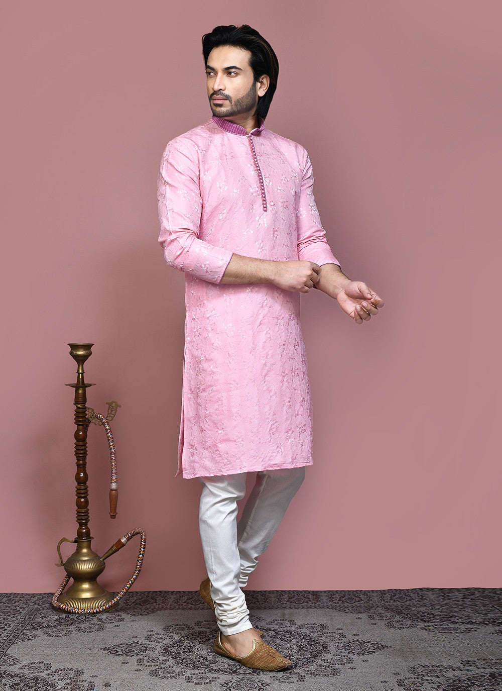 Resham Art Silk Pink Kurta Pyjama - M7874