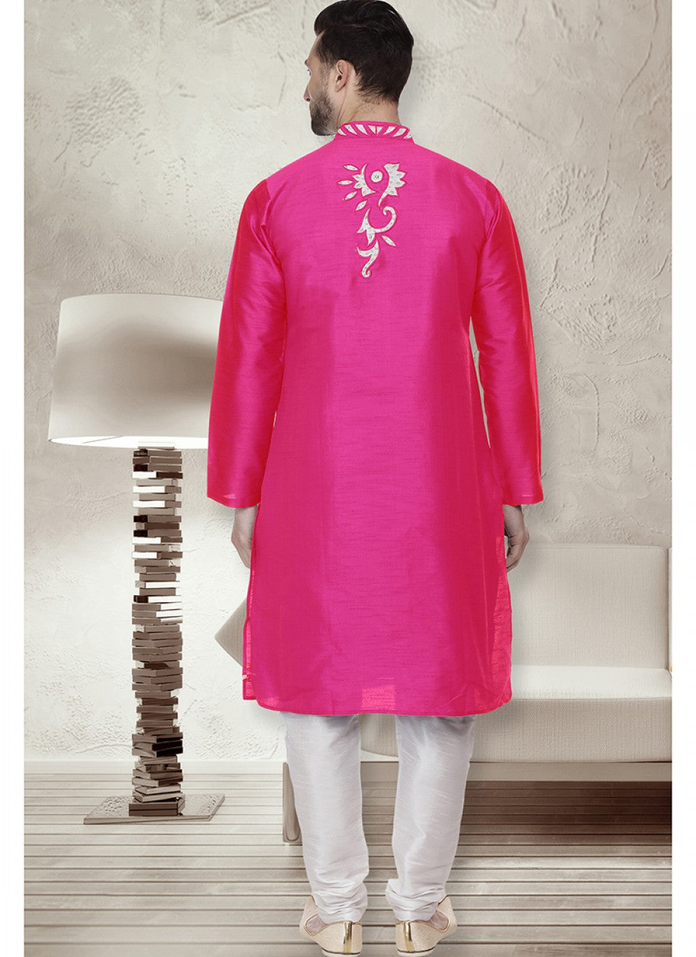 Embroidered Art Dupion Silk Pink Kurta Pyjama - M1512