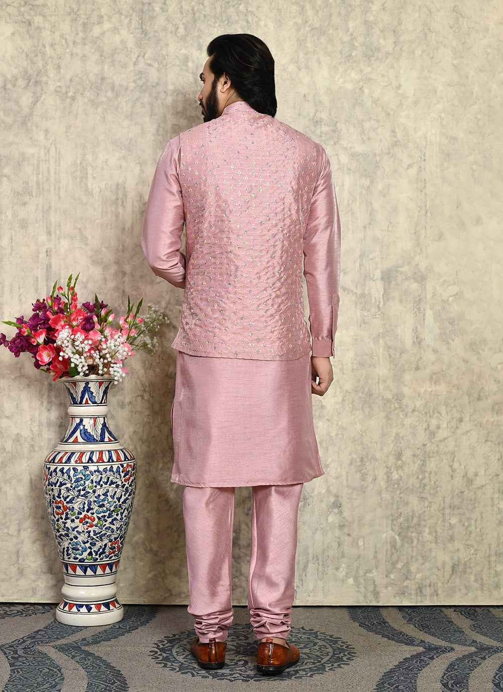 Embroidered Art Silk Pink Kurta Payjama With Jacket - M8004