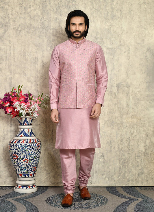 Embroidered Art Silk Pink Kurta Payjama With Jacket - M8004