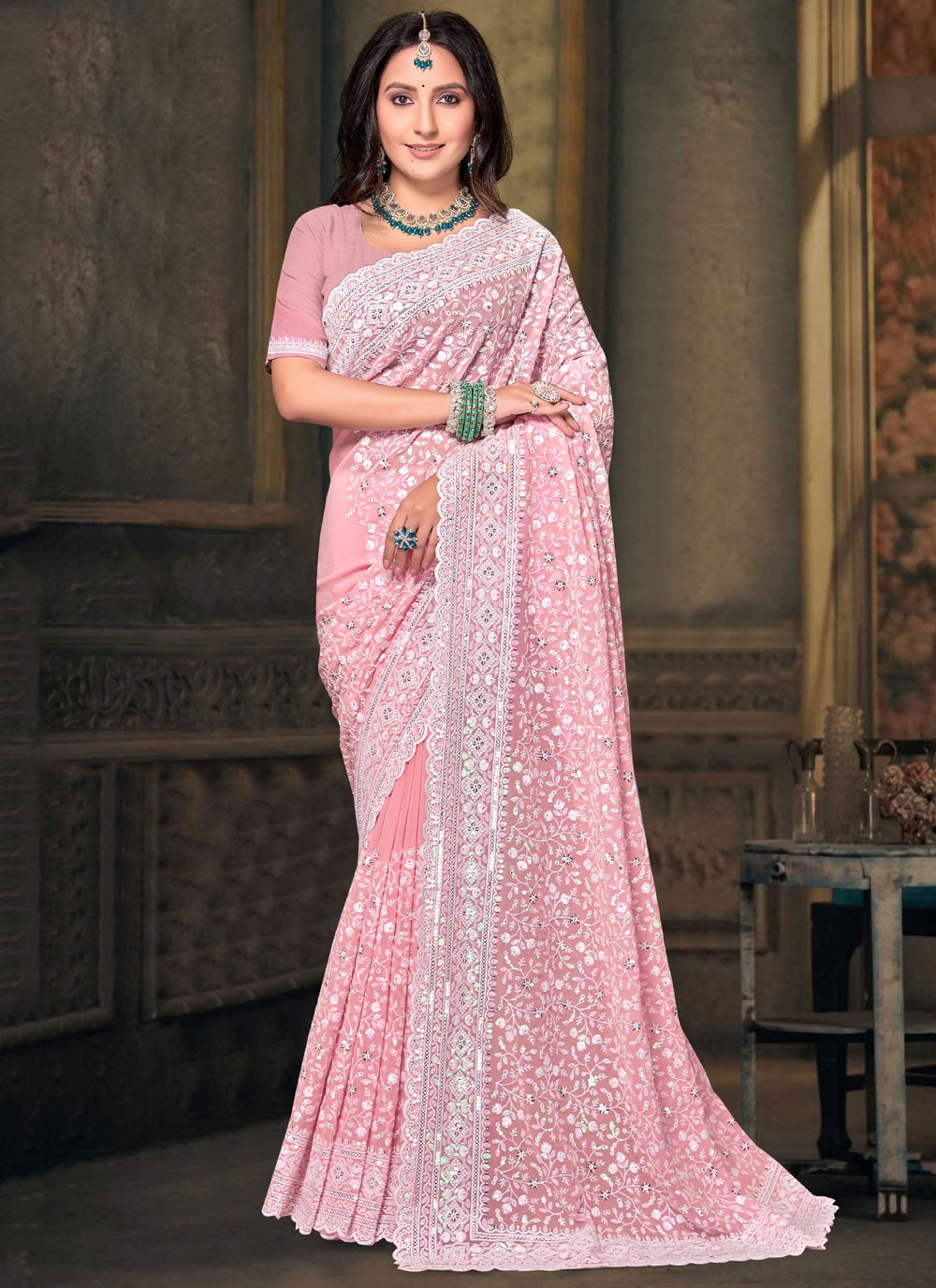 Classic Embroidered Georgette Hot Pink Saree - S11081