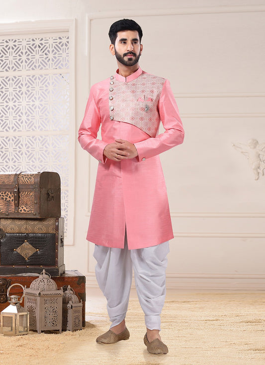 Fancy Work Jacquard, Silk Pink Indo Western - M4721