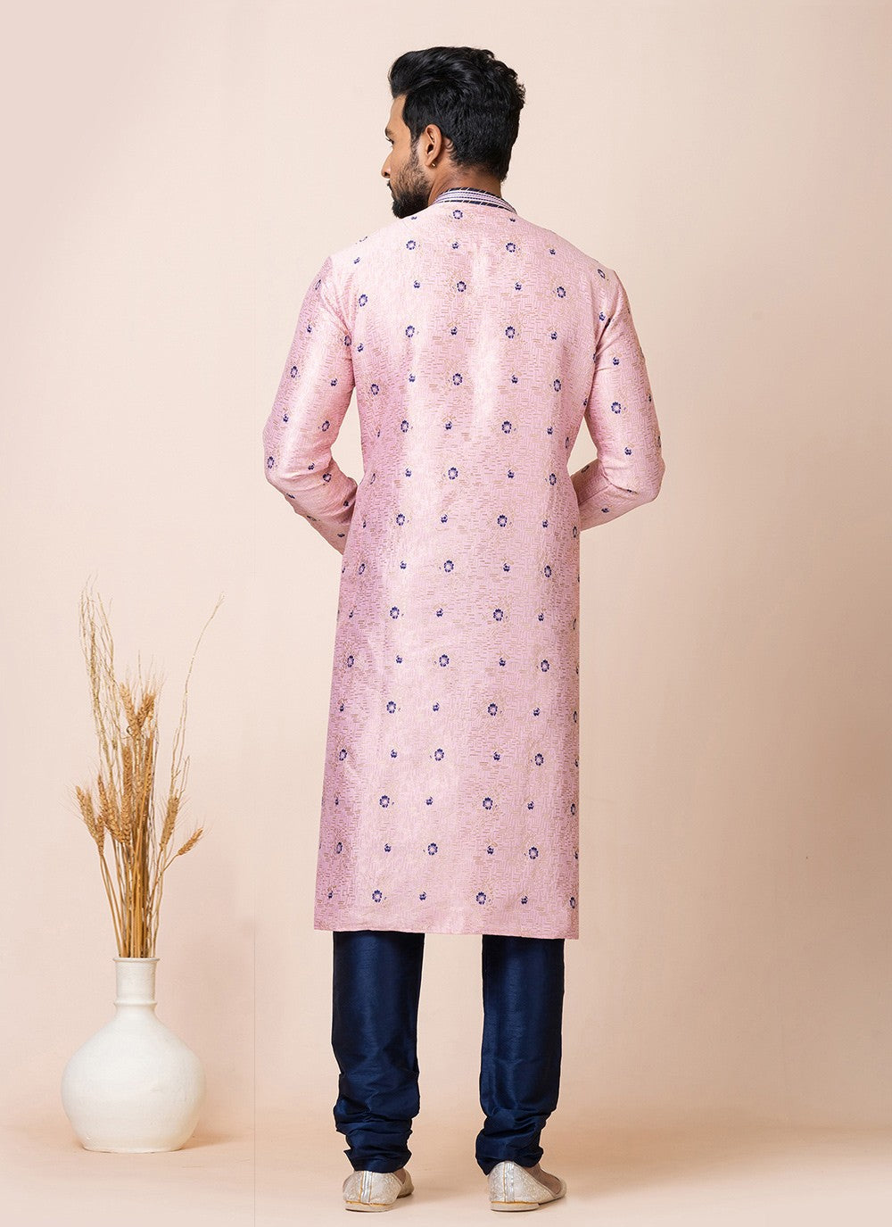 Jacquard Work Silk Pink Kurta Pyjama - M7515