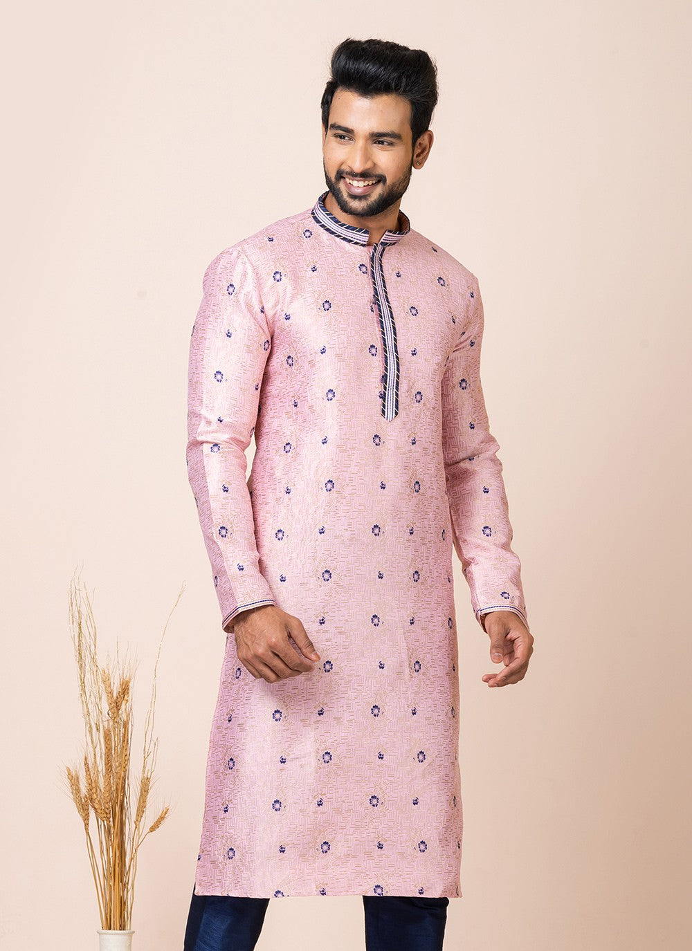 Jacquard Work Silk Pink Kurta Pyjama - M7515