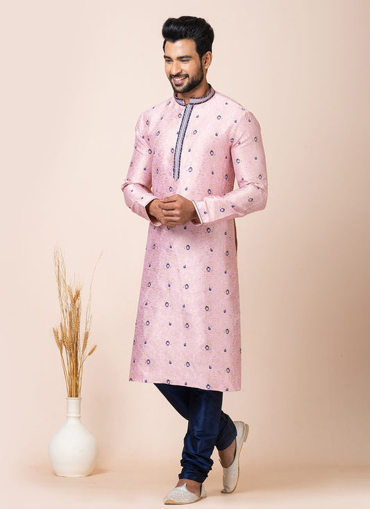 Jacquard Work Silk Pink Kurta Pyjama - M7515