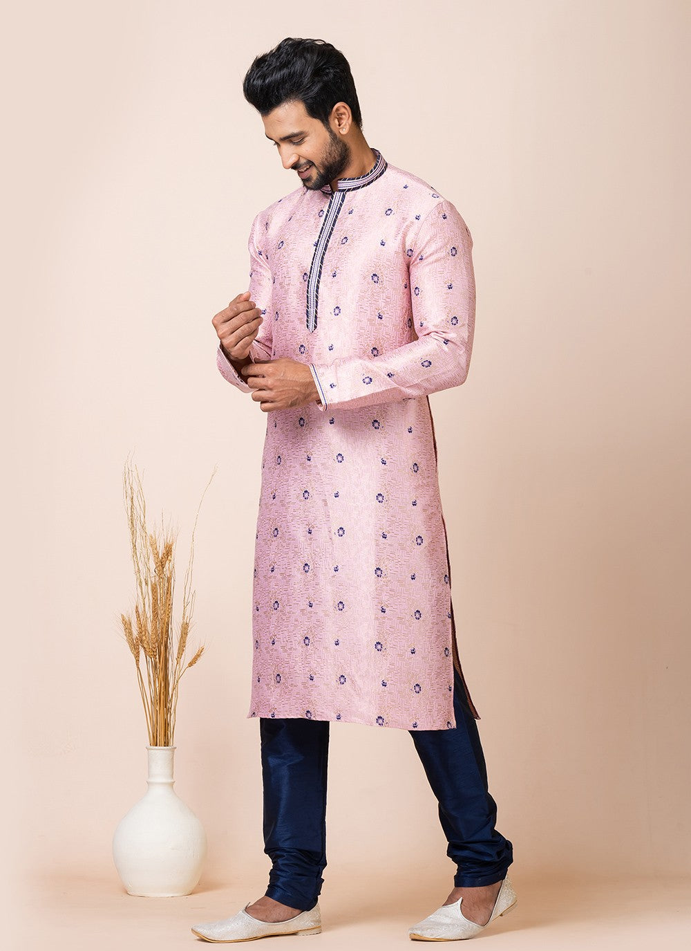 Jacquard Work Silk Pink Kurta Pyjama - M7515