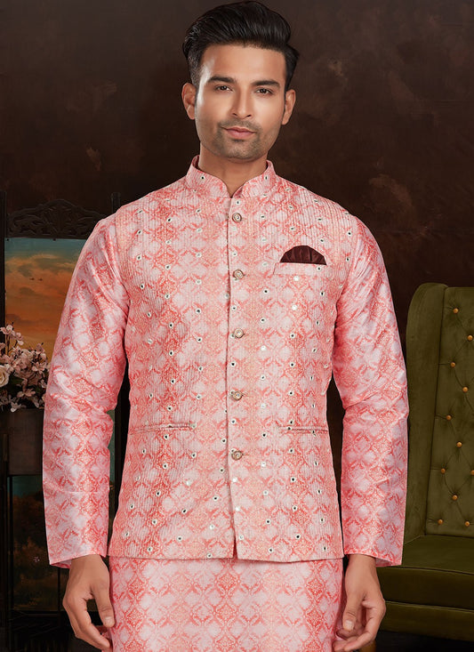 Mirror Silk Pink Nehru Jackets - M3389