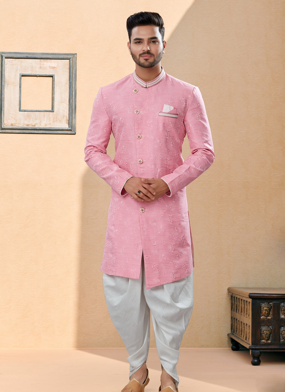 Thread Banarasi Jacquard Pink Indo Western Sherwani - M3905