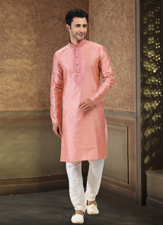 Fancy Work Banarasi Silk, Jacquard Pink Kurta Pyjama - M4863