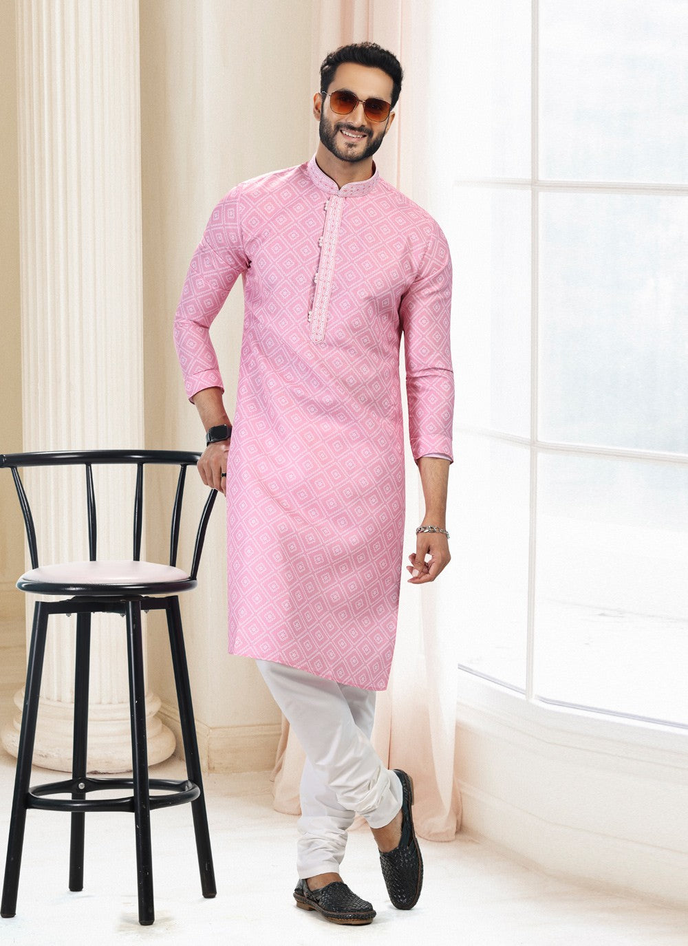 Fancy Work Cotton Pink Kurta Pyjama - M5123