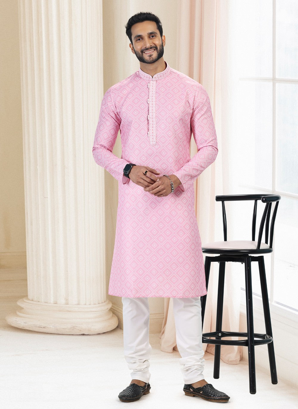 Fancy Work Cotton Pink Kurta Pyjama - M5123