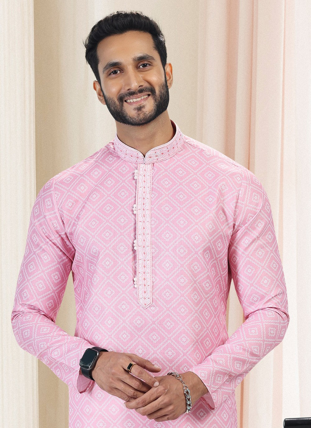 Fancy Work Cotton Pink Kurta Pyjama - M5123