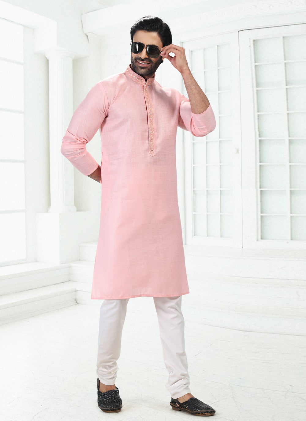 Thread Cotton , Linen Pink Kurta Pyjama - M4885