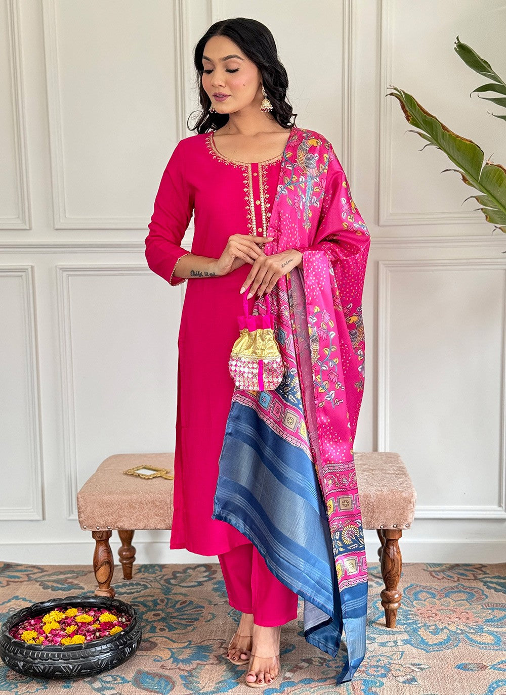 Embroidered Viscose Pant Style Suit - T4727