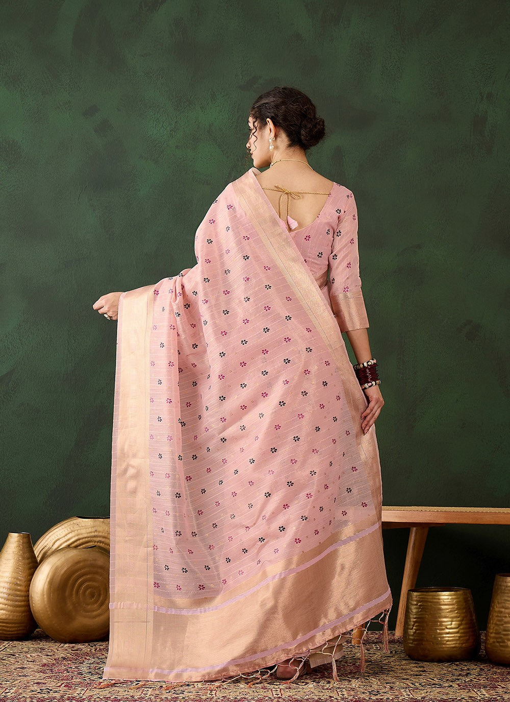 Classic Printed Khadi, Organza Saree - S8296