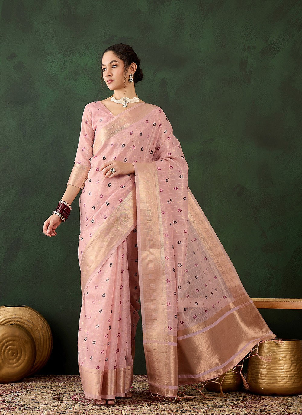 Classic Printed Khadi, Organza Saree - S8296