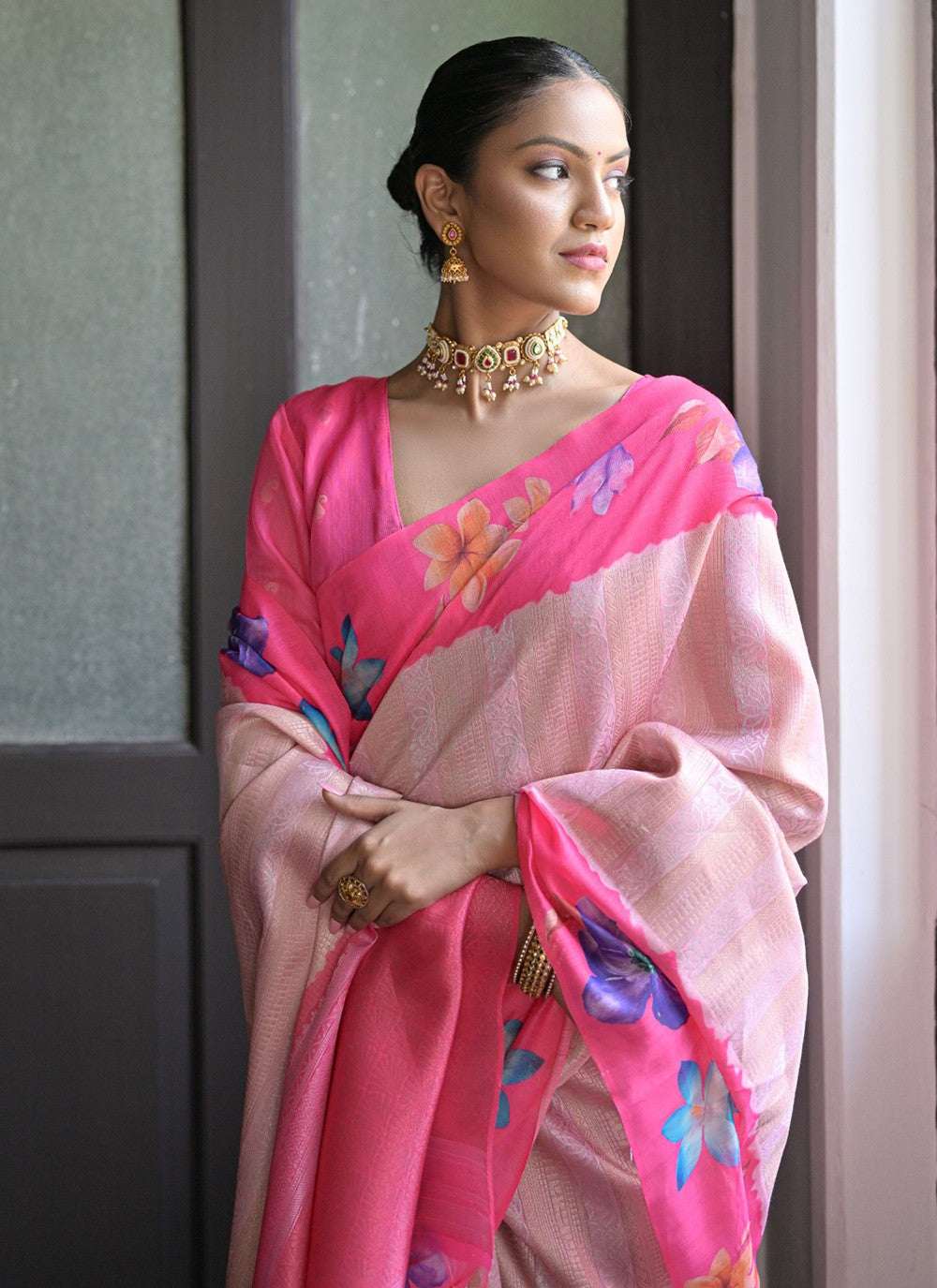 Trendy Printed Silk Pink Saree - S10914