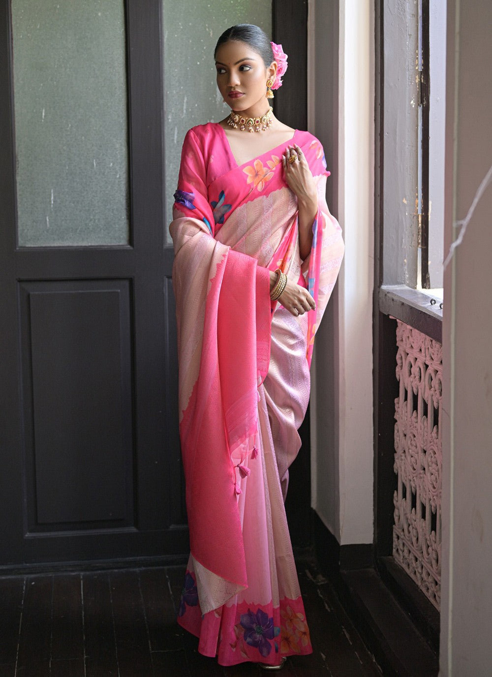 Trendy Printed Silk Pink Saree - S10914