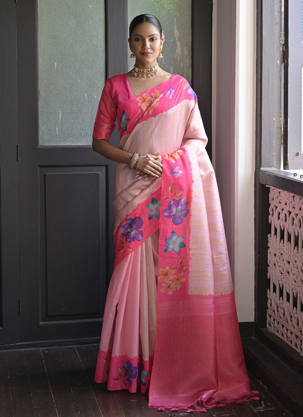 Trendy Printed Silk Pink Saree - S10914