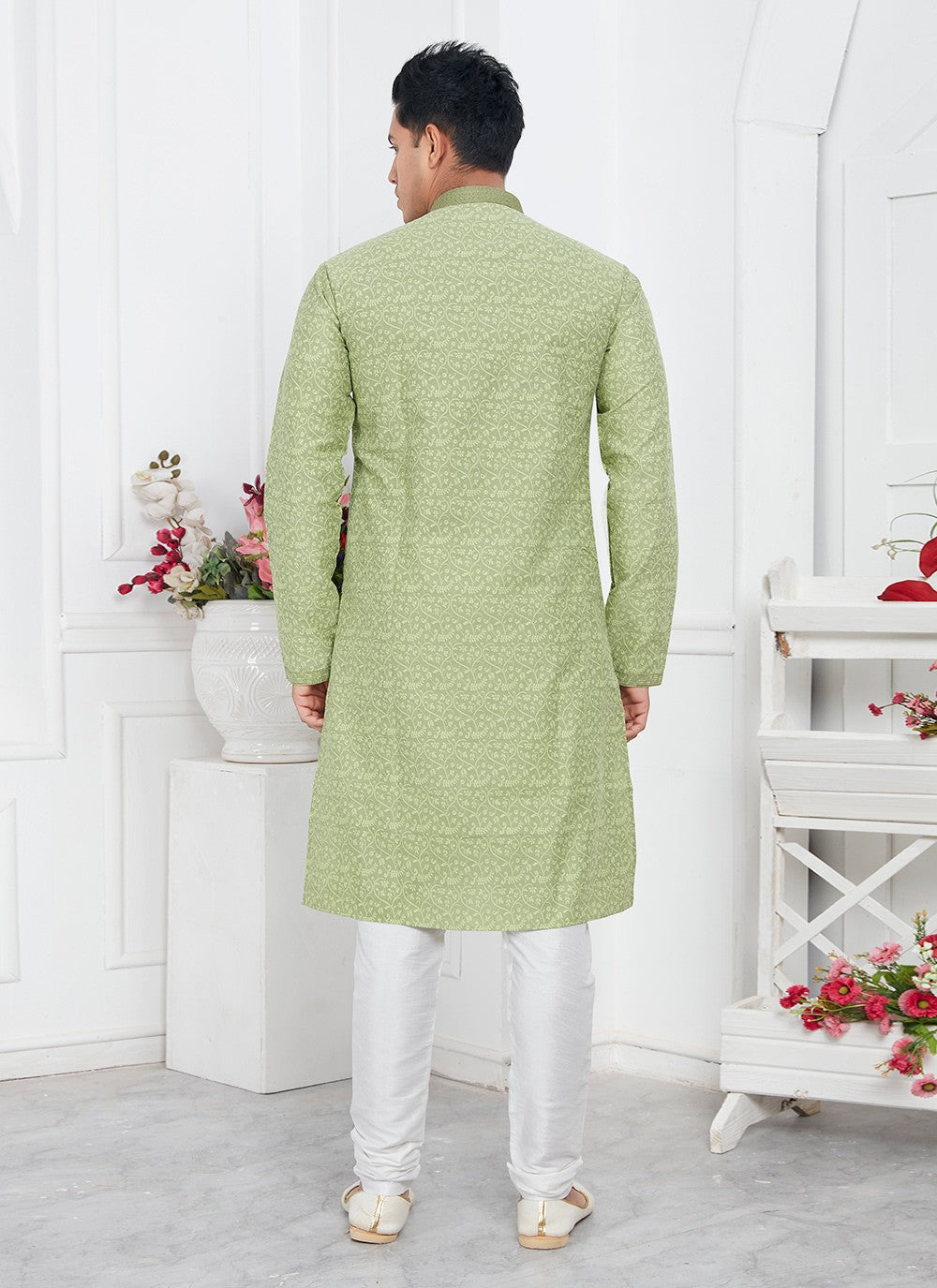 Pintex Brocade, Jacquard Silk Green Kurta Pyjama - M7762