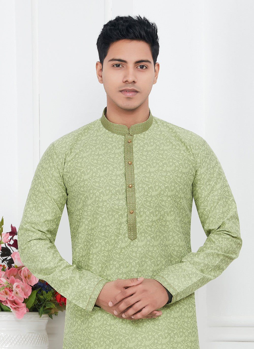 Pintex Brocade, Jacquard Silk Green Kurta Pyjama - M7762