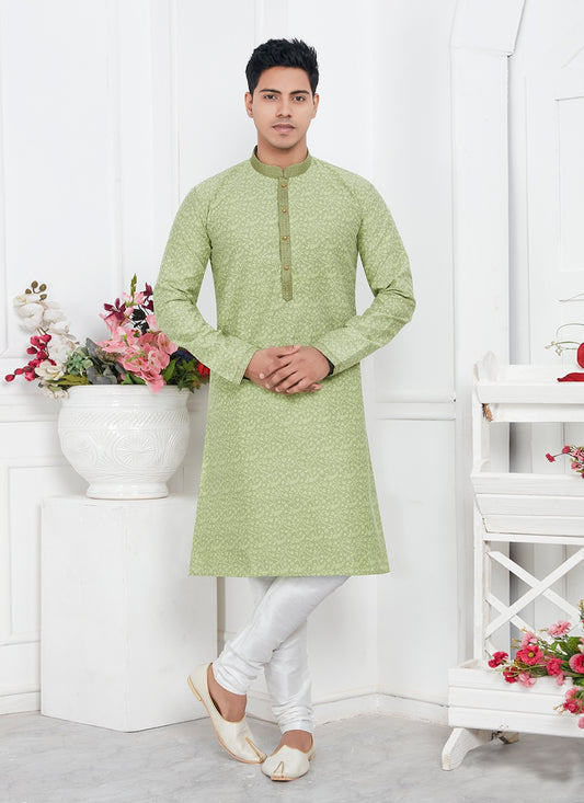 Pintex Brocade, Jacquard Silk Green Kurta Pyjama - M7762