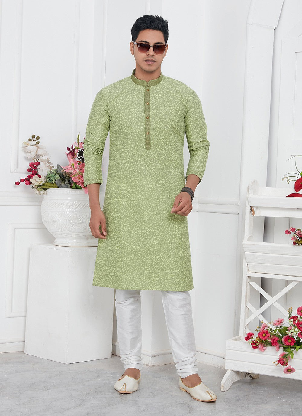 Pintex Brocade, Jacquard Silk Green Kurta Pyjama - M7762