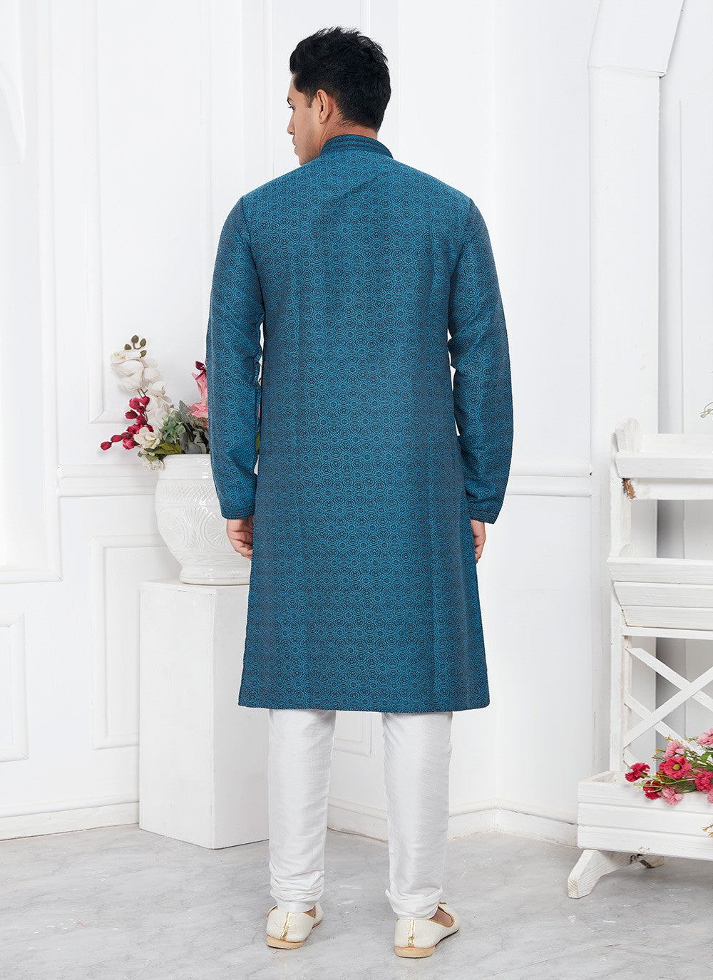 Pintex Brocade, Jacquard Silk Teal Kurta Pyjama - M7771