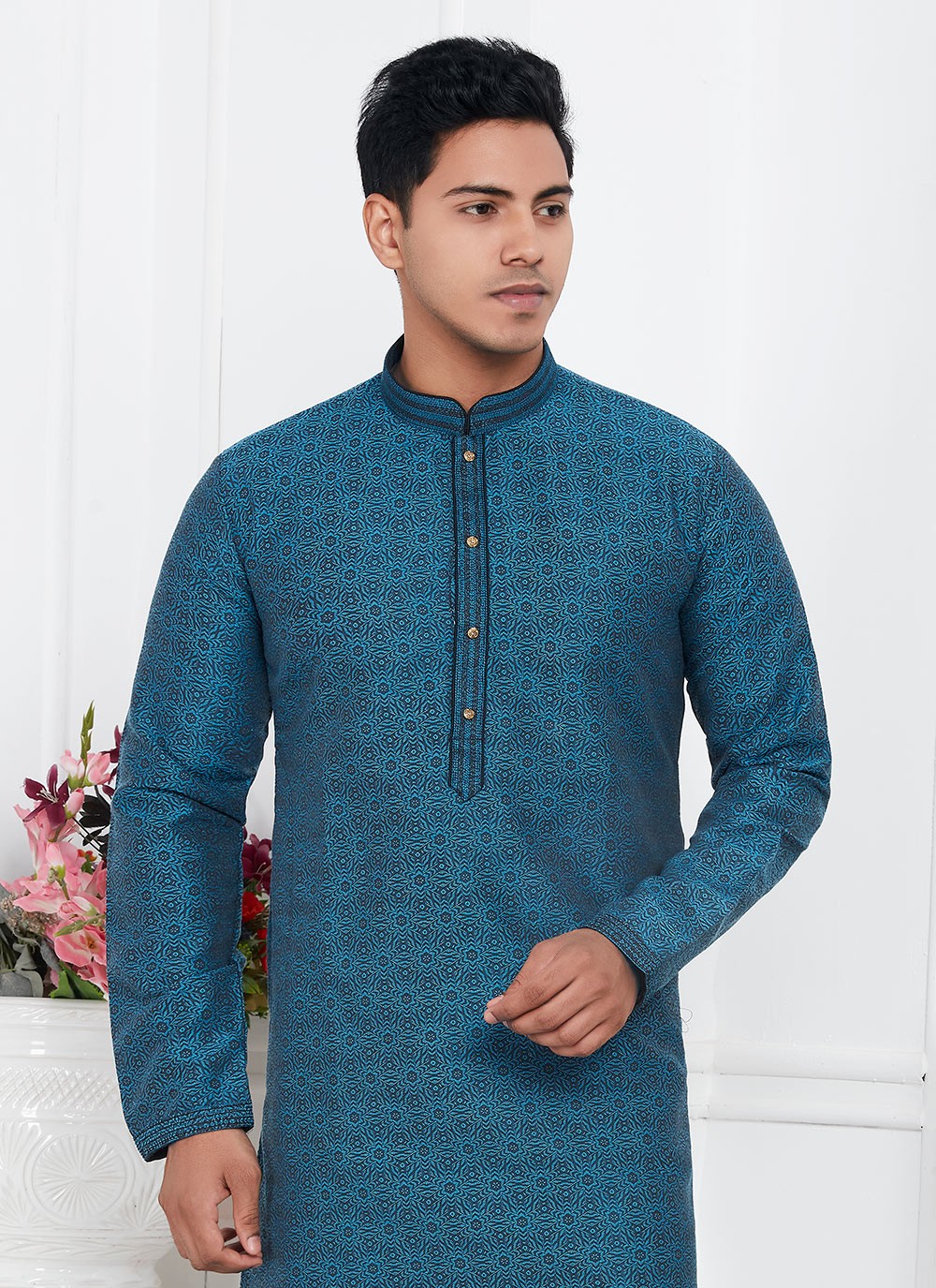 Pintex Brocade, Jacquard Silk Teal Kurta Pyjama - M7771