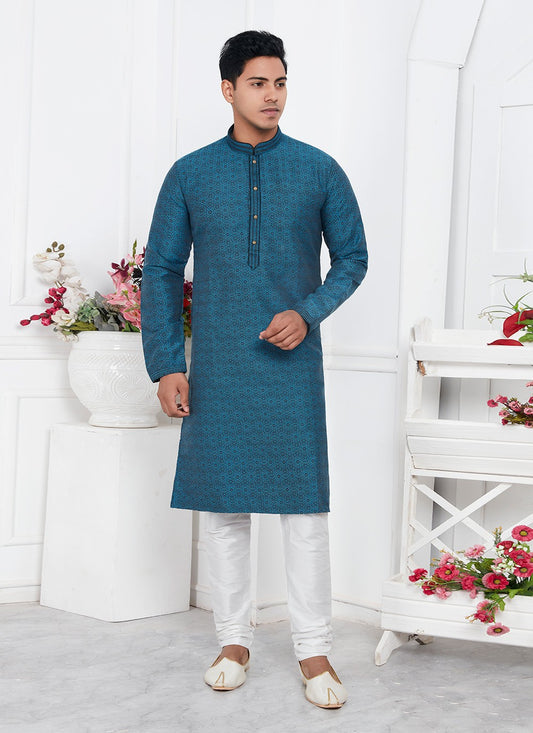 Pintex Brocade, Jacquard Silk Teal Kurta Pyjama - M7771