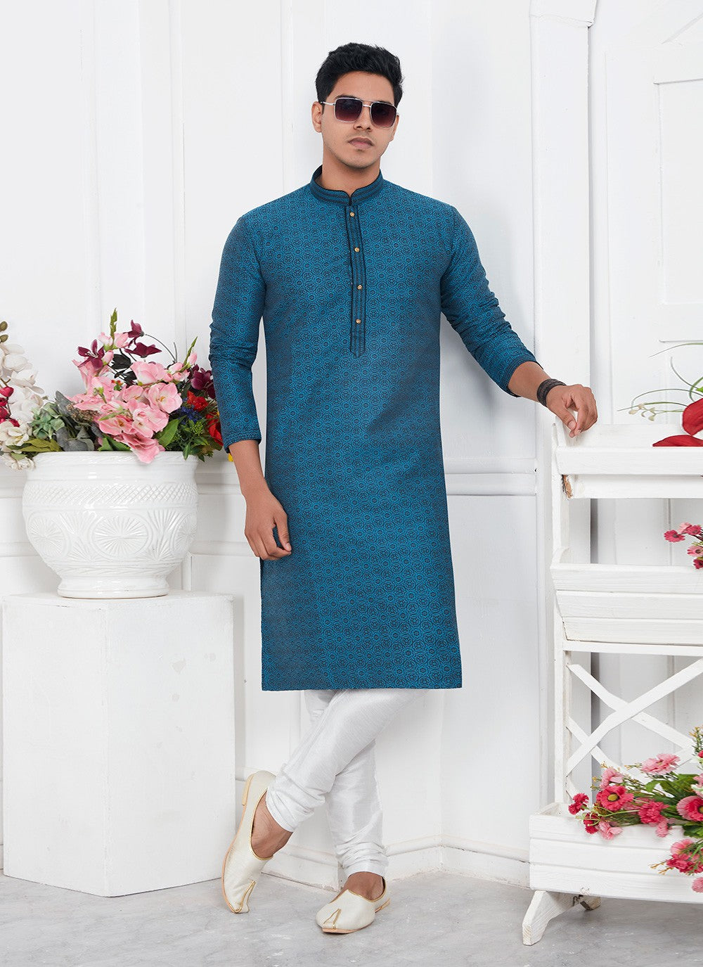 Pintex Brocade, Jacquard Silk Teal Kurta Pyjama - M7771