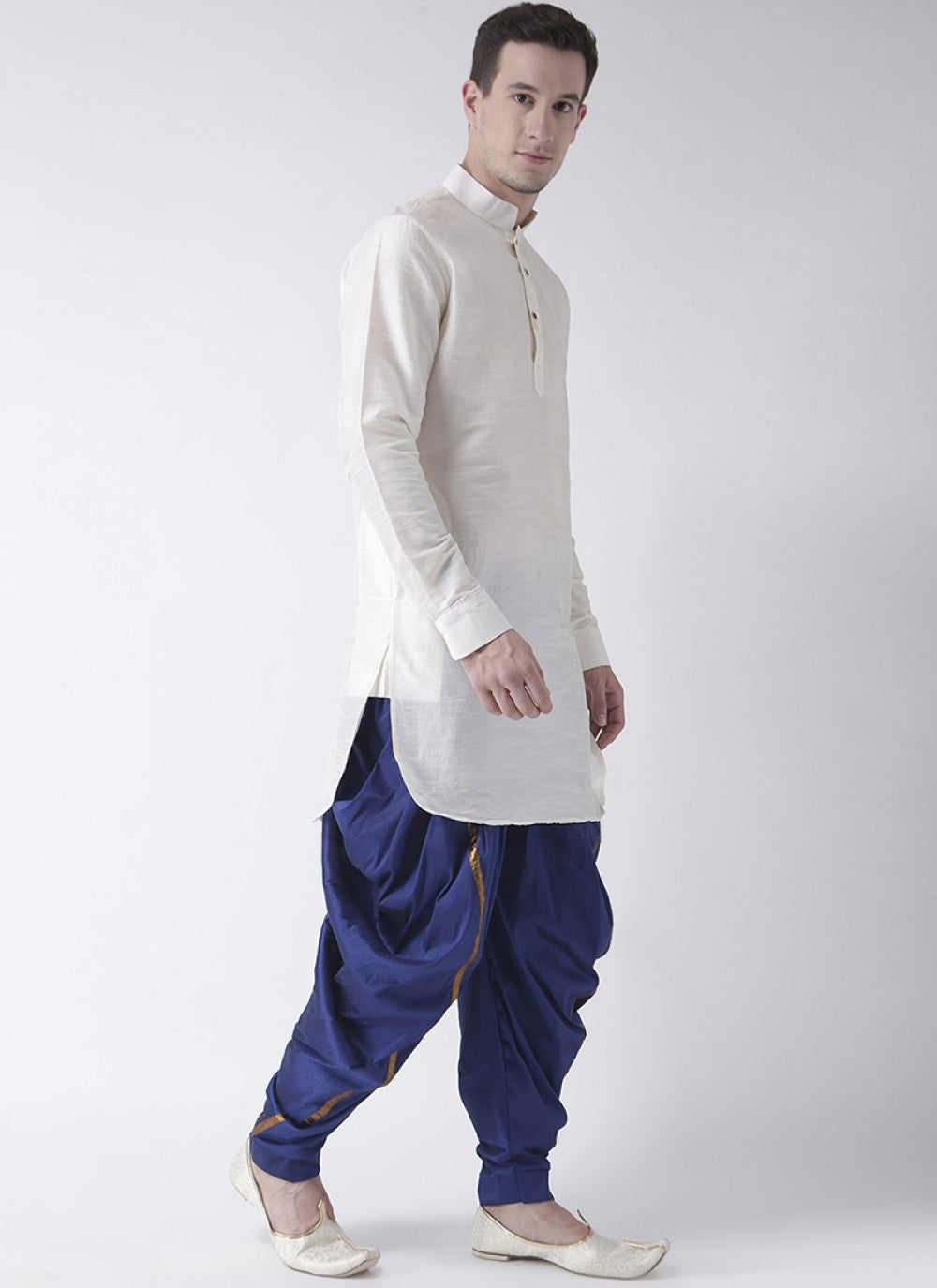 Plain Art Dupion Silk White Dhoti Kurta - M1426