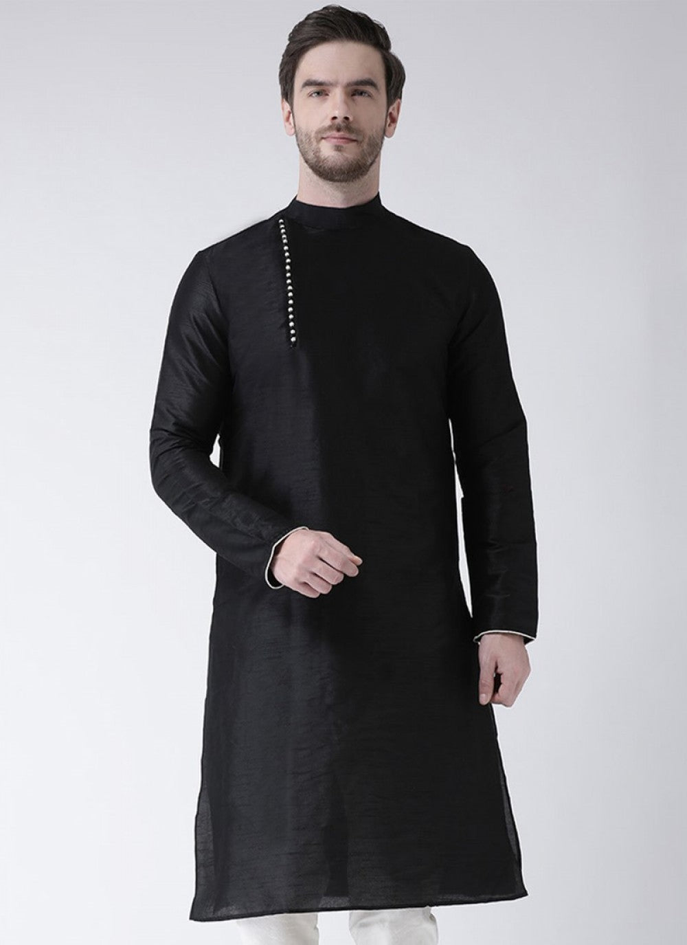 Plain Art Dupion Silk Black Kurta - M1412