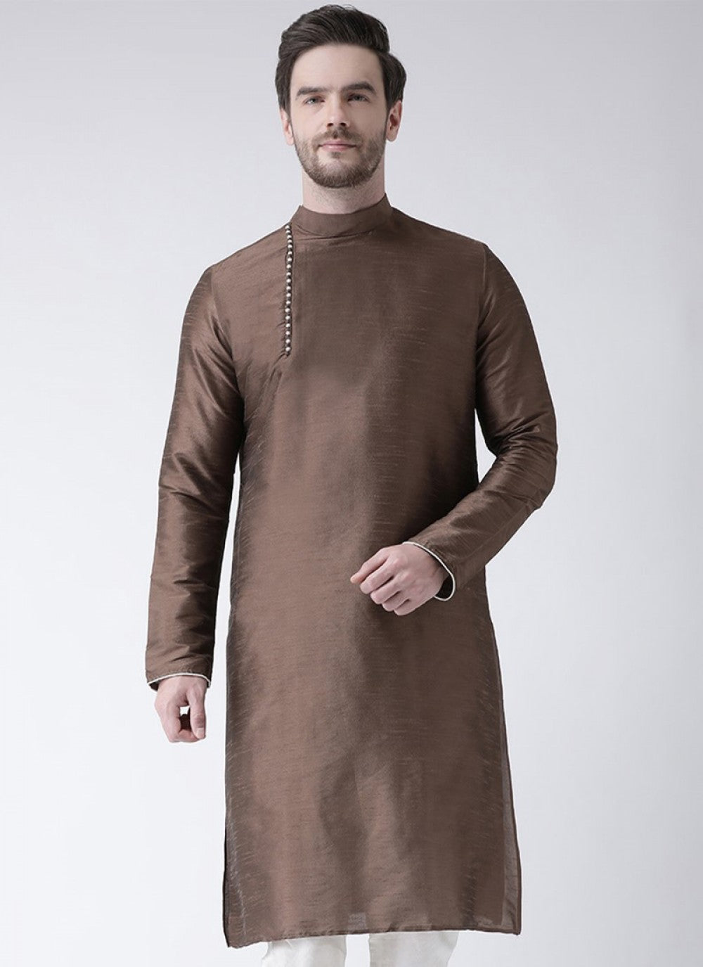 Plain Art Dupion Silk Brown Kurta - M1415