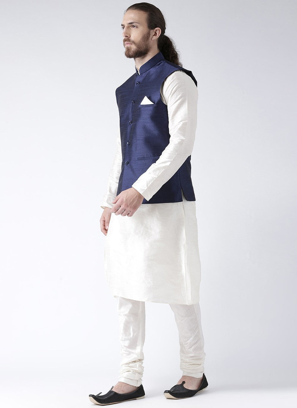 Plain Art Dupion Silk Blue, White Kurta Payjama With Jacket - M2455