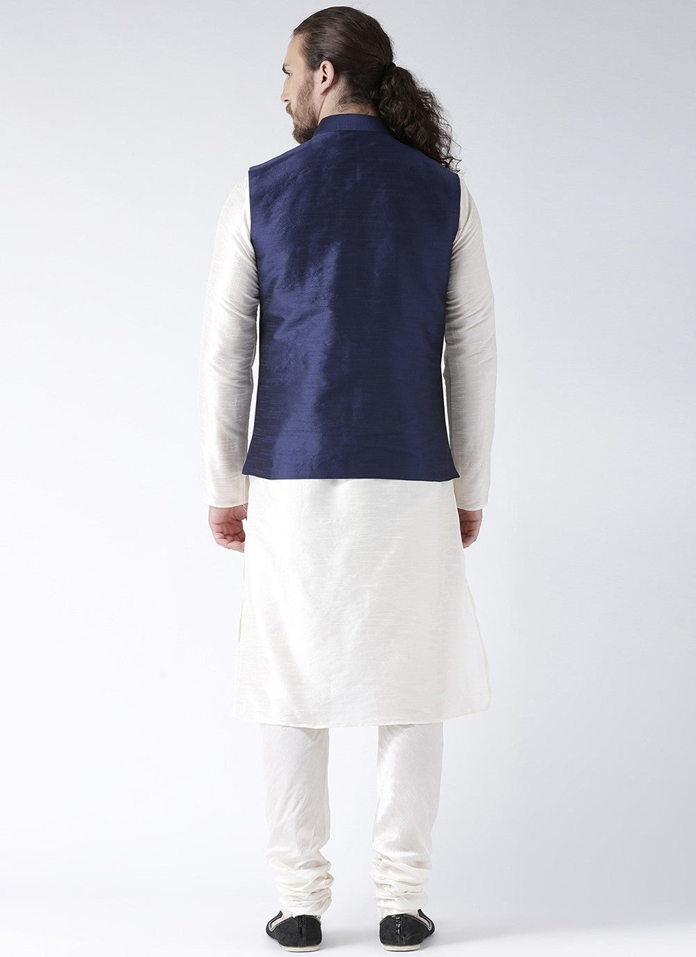 Plain Art Dupion Silk Blue, White Kurta Payjama With Jacket - M2455