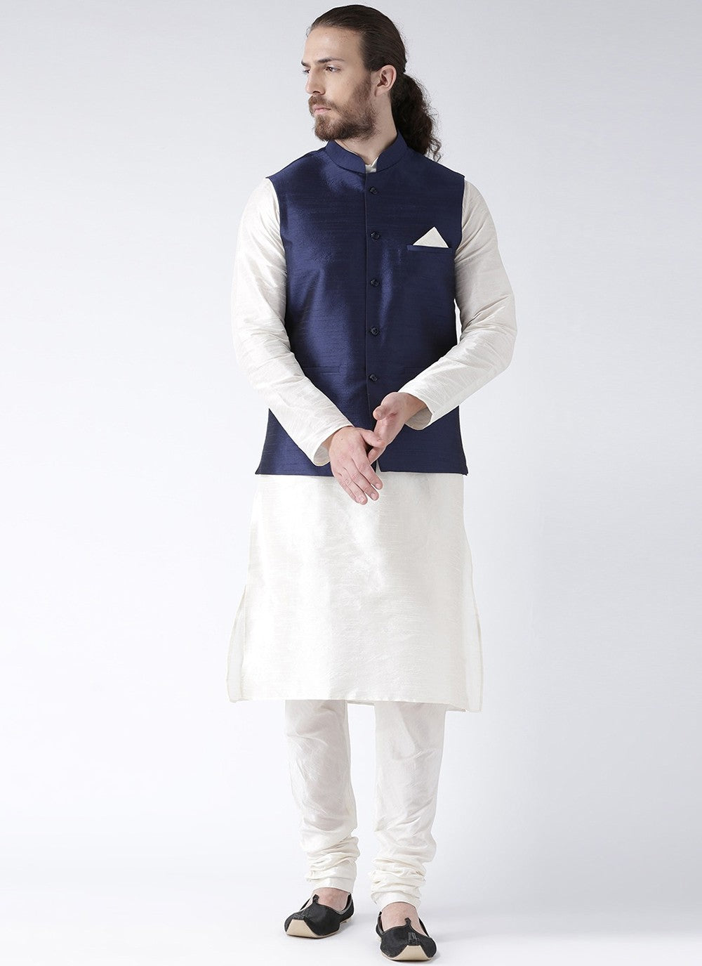 Plain Art Dupion Silk Blue, White Kurta Payjama With Jacket - M2455